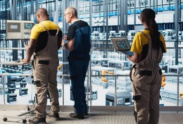 Engineers in industry 4.0 industrial plant controlling automated machinery, ensuring workflow continuity. Technicians in smart factory managing robotic arms and conveyor belts, camera A